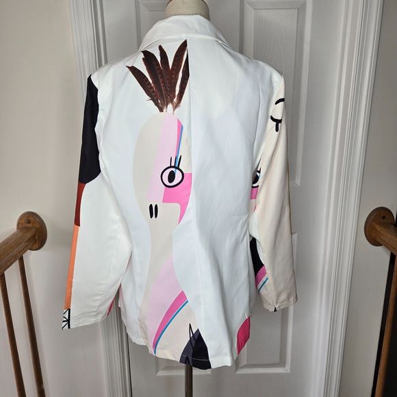Koandaily Women's White Multi-Colored Art Graphic Blazer Jacket Sz L - Picture 2 of 10